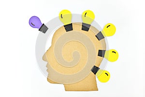 Think outside the box, originality and innovation concept. Male head profile silhouette with different color light bulb.