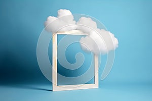 Think outside the box, surreal concept of a clouds around frame on pastel background. White fluffy cloud with frame, modern design