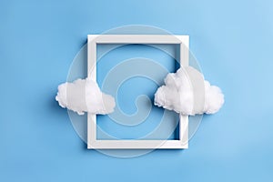 Think outside the box, surreal concept of a clouds around frame on pastel background. White fluffy cloud with frame, modern design