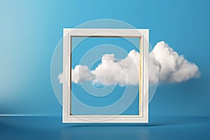 Think outside the box, surreal concept of a clouds around frame on pastel background. White fluffy cloud with frame, modern design