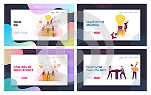 Think Outside and Money Flow Landing Page Template Set. Business Characters Sitting on Huge Box Develop Ideas