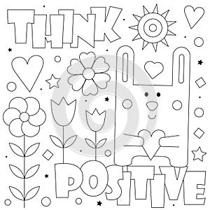 Think positive. Coloring page. Vector illustration of a rabbit with a heart
