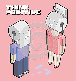 Think positive. Isometric Funny Cartoon Characters of Man and Woman, foolish person concept