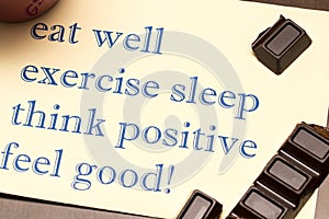 Think positively , exercise, eat well, sleep - concept feel good