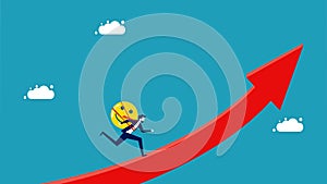 Think positively for success. businessman with a smiling face running on a growing arrow