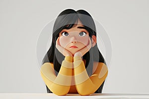 Think question doubt cartoon character young Asian woman girl person portrait in 3d style design on light background. Human people