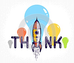 Think word with pencil instead of letter I, ideas and brainstorm concept, vector conceptual creative logo or poster made with