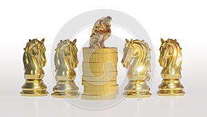 The thinker and gold coin stacks. 3D illustration