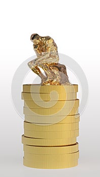 The thinker and gold coin stacks. 3D illustration