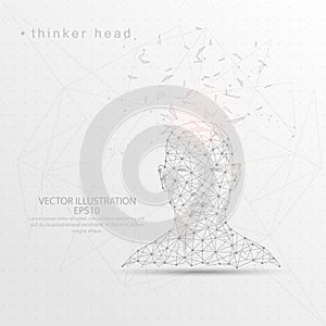 Thinker head front view shape digitally drawn low poly wire frame.