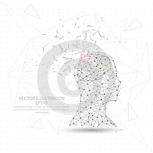 Thinker man head and brain digitally drawn low poly triangle wire frame.