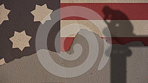 Thinker Shadow on Usa Flag and Grey Cracked Wall