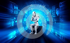 Thinking AI humanoid robot analyzing hologram screen shows concept of network