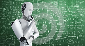 Thinking AI humanoid robot analyzing screen of mathematics formula and science