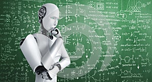 Thinking AI humanoid robot analyzing screen of mathematics formula and science photo