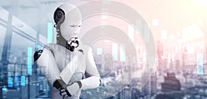 Thinking AI humanoid robot analyzing stock market exchange trading
