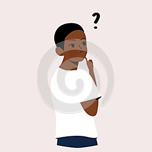 Thinking black man with question mark vector illustration Male confusing. Portrait of thoughtful boy. smart men thinking or