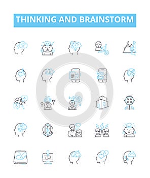 Thinking and brainstorm vector line icons set. Ideation, Brainstorming, Ponder, Conceptualize, Consider, Analyse