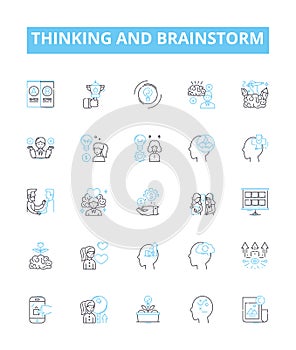 Thinking and brainstorm vector line icons set. Ideation, Brainstorming, Ponder, Conceptualize, Consider, Analyse