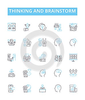 Premýšľanie a vektor linka ikony sada. kreatívna metóda riešenia problémov založená na skupinovom riešení premietať, zvážiť analyzovať 