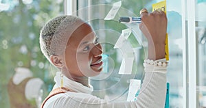 Thinking, brainstorming and black woman with smile writing notes on glass wall for creative startup idea in office