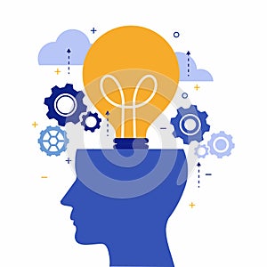 thinking brainstorming head symbol. creative with ideas of thought and analytics. Light bulb working concept. vector illustration