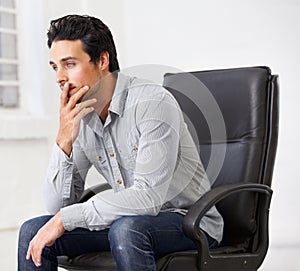 Thinking, business and man on chair in office with idea for career, job or work management. Professional, male