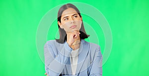 Thinking, business and woman on green screen for ideas, questions and brainstorming. Female model, serious worker and