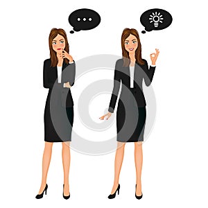 Thinking business womanin suit. Searching idea concept. Vector character with ok hand.