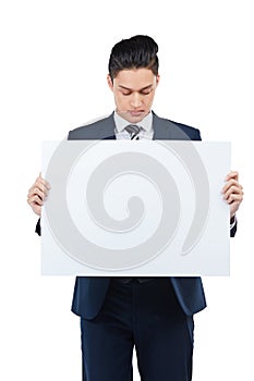 Thinking businessman, paper or poster mockup for marketing space, advertising mock up or promotion. Corporate worker