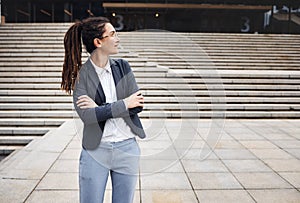 Thinking, city and business woman on stairs with happy mindset for morning commute, journey and travel. Professional