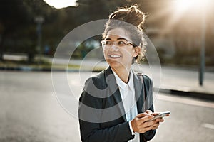 Thinking, city and woman with a cellphone, employee and travel with social media, opportunity and email. Female person