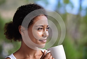 Thinking, coffee and woman on a balcony with peace, reflection or enjoying a calm moment. Face, remember and female