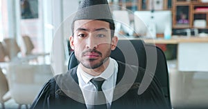 Thinking, corporate or muslim lawyer with computer writing legal contract, email or research on court case strategy