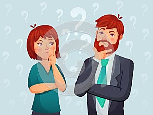 Thinking couple. Thoughtful man and woman, confused troubled question and people finding answer cartoon vector