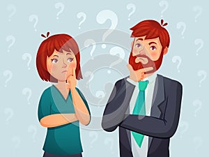 Thinking couple. Thoughtful man and woman, confused troubled question and people finding answer cartoon vector illustration