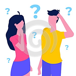 Thinking couple, woman and man  with question marks  thinking together.