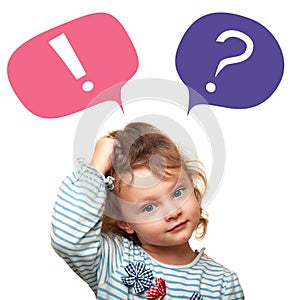 Thinking cute small kid girl with question and exclamation signs in bubbles