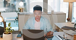 Thinking, data analysis or business asian man with computer for company growth, social network or marketing SEO target