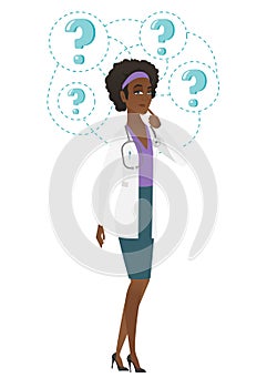 Thinking doctor with question marks.