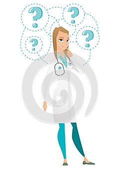 Thinking doctor with question marks.