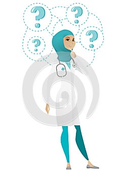 Thinking doctor with question marks.