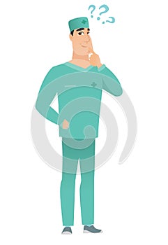 Thinking doctor with question marks.