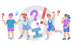 Thinking, doubting and confused children have questions, cartoon vector isolated
