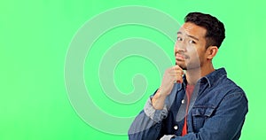 Thinking, face and man with idea in green screen studio unsure, deciding and problem solving on mockup background. Doubt