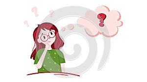 Thinking girl look on question mark. Curious young woman has doubt. Cute Child with confuse face looks on speech bubble