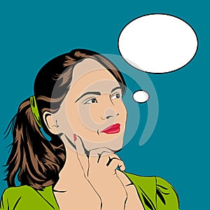 Thinking girl in pop art retro style with speech bubble for  text.