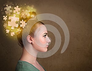 thinking with glowing puzzle mind on grungy background