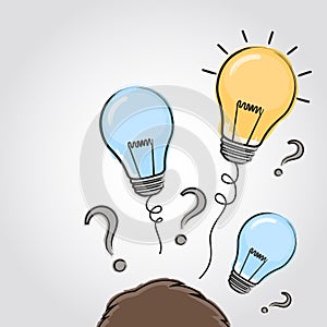 Thinking head with question signs and light idea bulb above. Hand drawn sign. Vector.