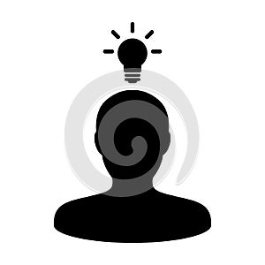 Thinking icon vector male person profile avatar symbol with bulb for creative idea for business development in Glyph Pictogram